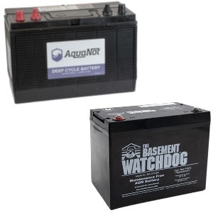 Pictured are a Zoeller and Watchdog Deep Cycle Marine Batteries for Backup sump pumps. These Deep Cycle Marine AGM batteries , are mainenance and reliable.